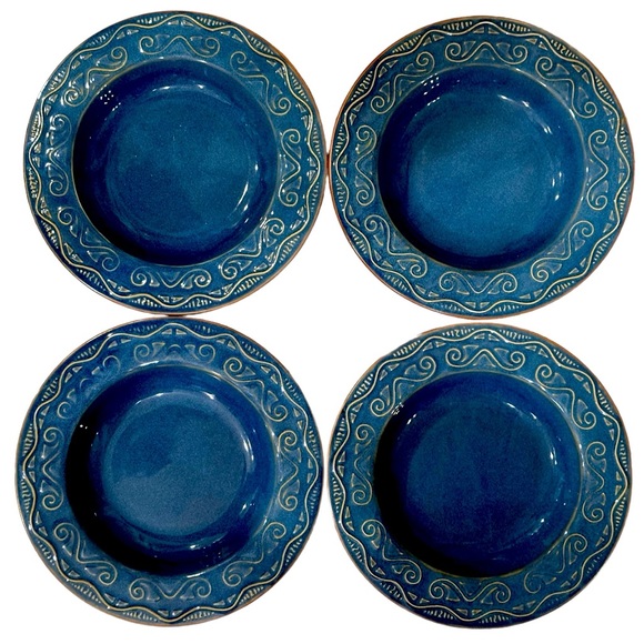 Set of 4 Pier 1 Imports TUNISIA 8 1/2" Blue with Tan Scroll Flat Rim Cereal Bowl - Picture 3 of 10